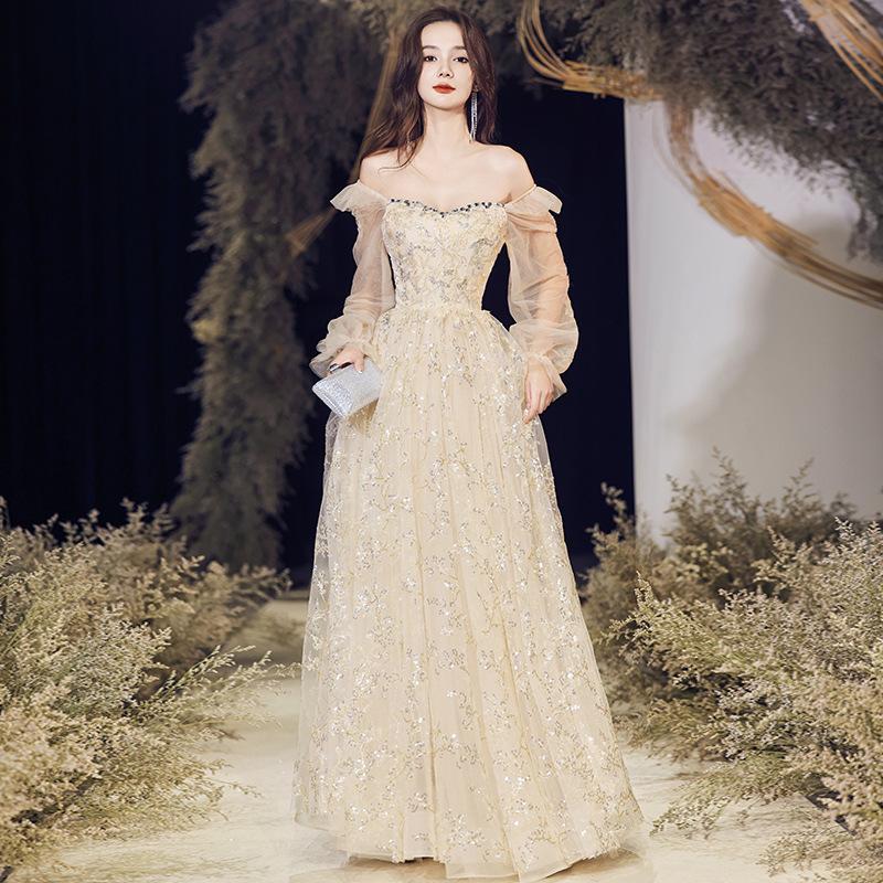 Champagne evening dress women's 1011 new summer high-end banquet temperament host dinner fairy dress