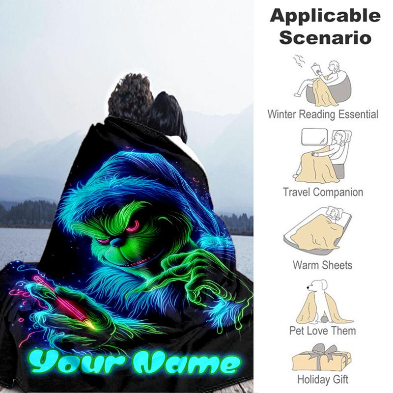 1PC Custom Name "Neon Grinch Night" Flannel Blanket Versatile,all-season Throw Suitable for the Living Room,bedroom,camping,travel,and Gift