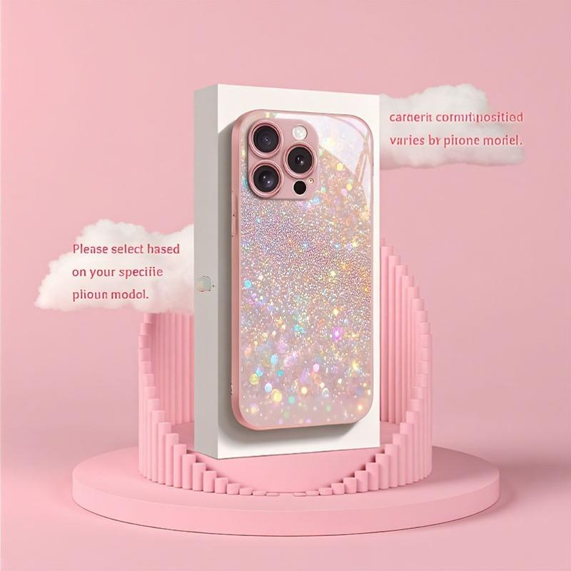 Dreamy Glitter Pattern Pink Metallic Tempered Glass Phone Case For iPhone 11 12 13 14 15 16 17 Pro Max 15 Plus 17 Air 16E Cover