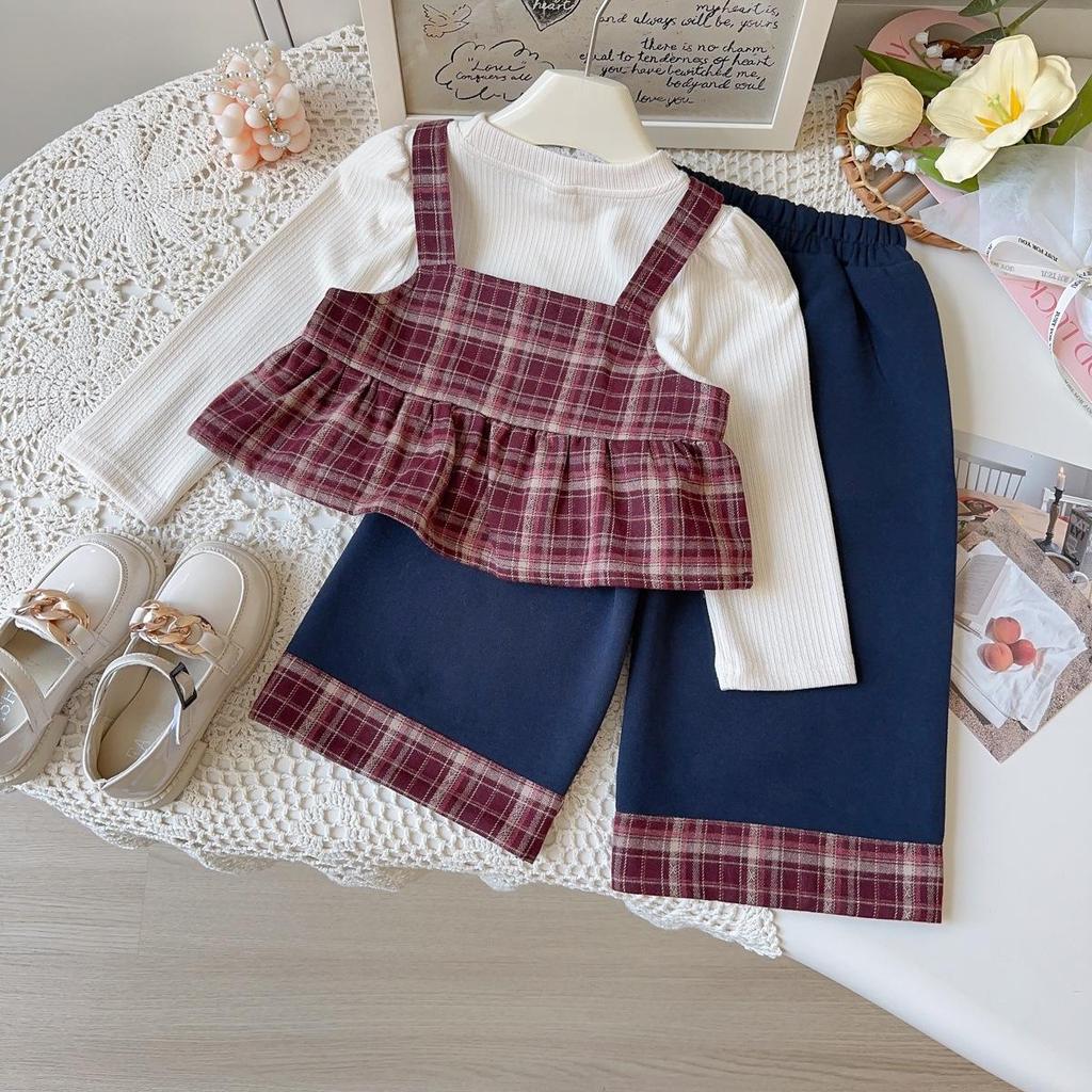 Girls' Retro Plaid Camisole Three-Piece Set - Spring/Autumn AQB027