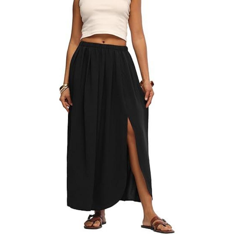 Women High Waist Elastic Waist Side Slit Solid Color Maxi Skirt S