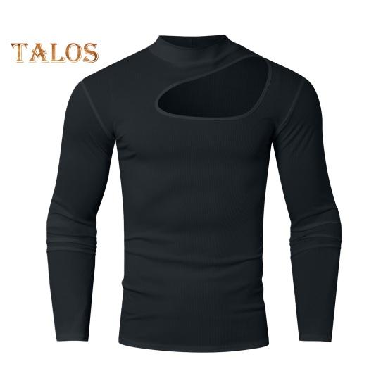 

Мужской топ с высоким воротником, рваный дизайн, однотонный, вырез, облегающий, для фитнеса, спортивная футболка, эластичная, уличная, спортивная одежда S чёрный