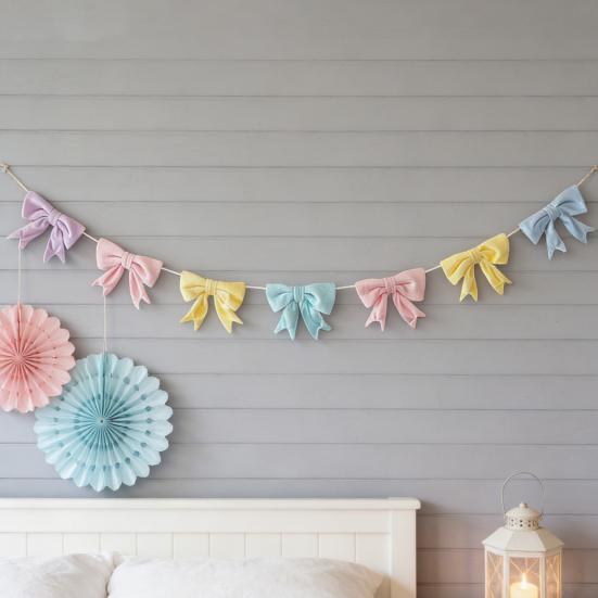 Easter Pastel Bow Garland Banner Spring Velvet Bow Garland Decoration for Table Door Mantel Window Wall Easter Party Supplies