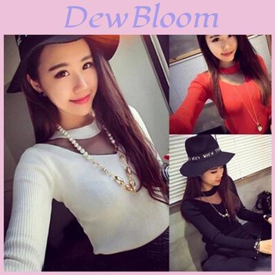 Elegant Fashion Women Round Neck Long Sleeve Sheer Mesh Patchwork Blouse Tops