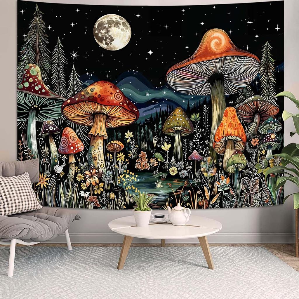 Vintage Mushroom Forest Tapestry Moon Night Floral Tapestries Wall Hanging Nature Plant Small Tapestry for Bedroom Living Room