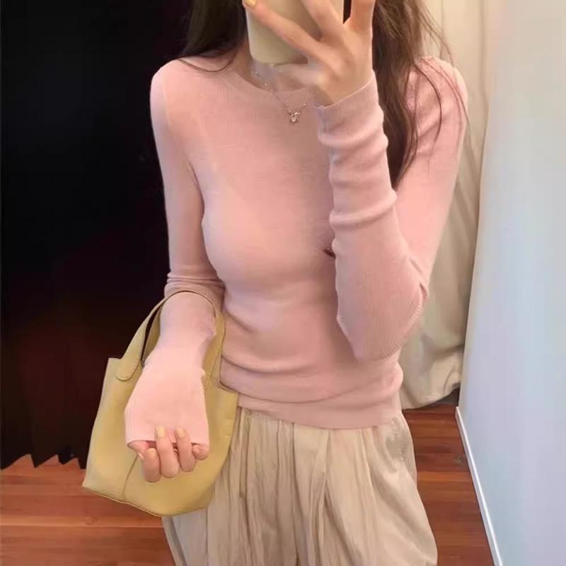 Top pentru femei, verde, cu mânecă lungă, de toamnă, cu gât rotund, cu umăr pozitiv, pe fund, tricot, lenjerie de corp