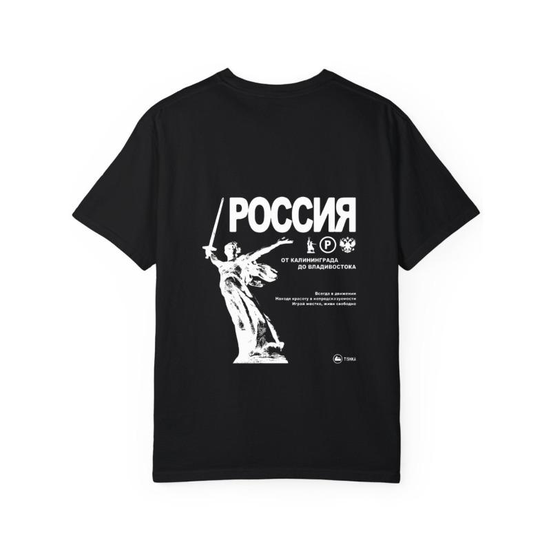 White T-Shirt Russia Statue and Text Print Casual Streetwear for Men