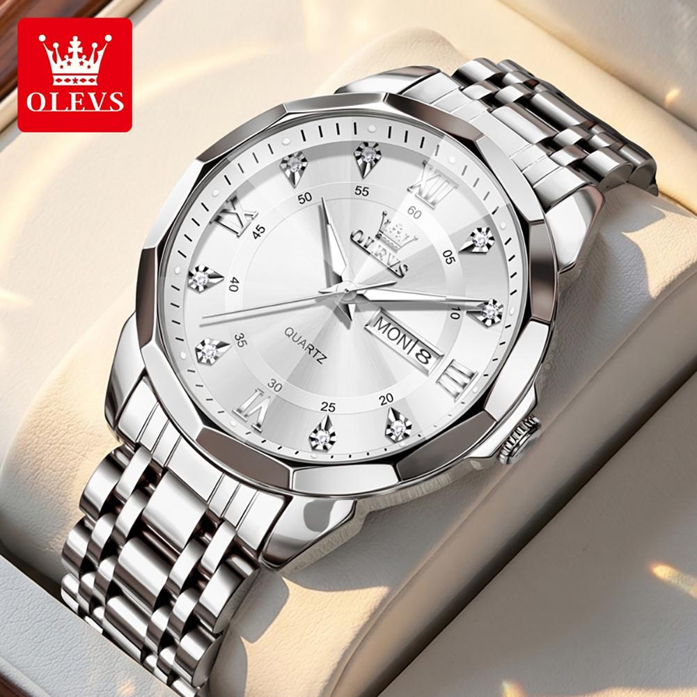 OLEVS Watch for Men Solid Steel Strap Fashion Rhombus Mirror Dual Calendar Business Men's Wristwatch Original Quartz Watch 3759