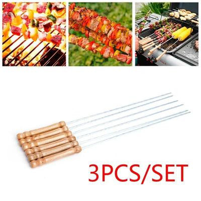 Lot de 3 brochettes de barbecue en acier inoxydable avec manche en bois