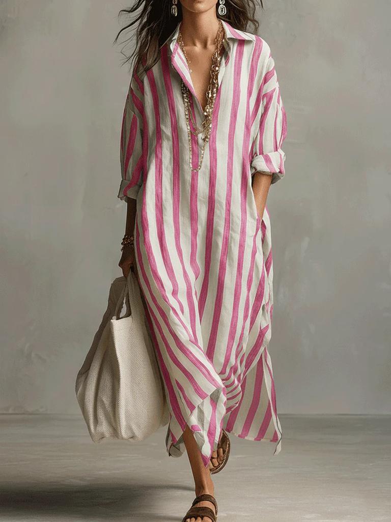 Fashion Loose V-Neck Long Sleeve Striped Summer Blockbuster Nine-Fifth Sleeve Women's Shirt Dress