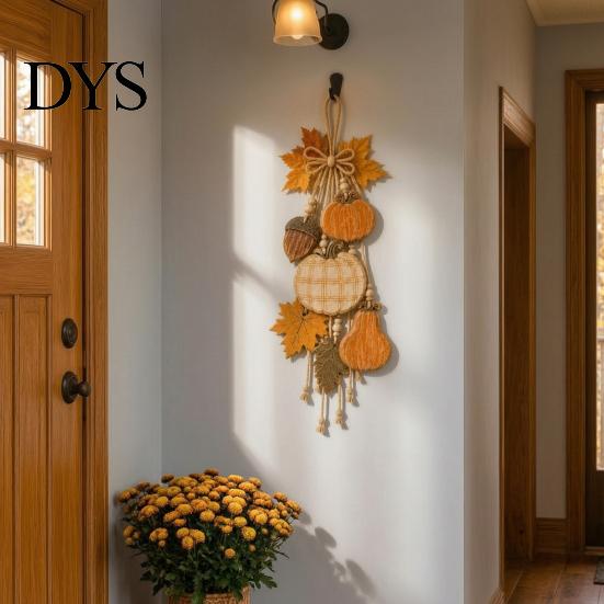 Fall Aesthetic Room Decor Rustic Pumpkin Hanging Swag, Wooden Ornament with Optional Warm Fireplace LED Lights, Front Door Hanger for Farmhouse