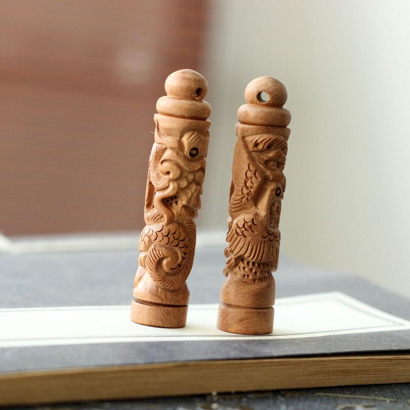 Hand-Carved Peach Wood Dragon & Phoenix Pillars Pendant Keychain Phoenix Pillar