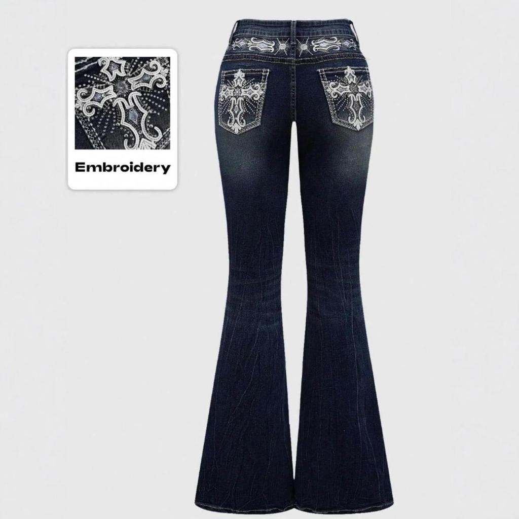 RogueWave Jeans Flare Pants Women Vintage Boot Cut Embroidery Pockets Rhinestone Washed Female Distressed Denims Trousers Streetwear