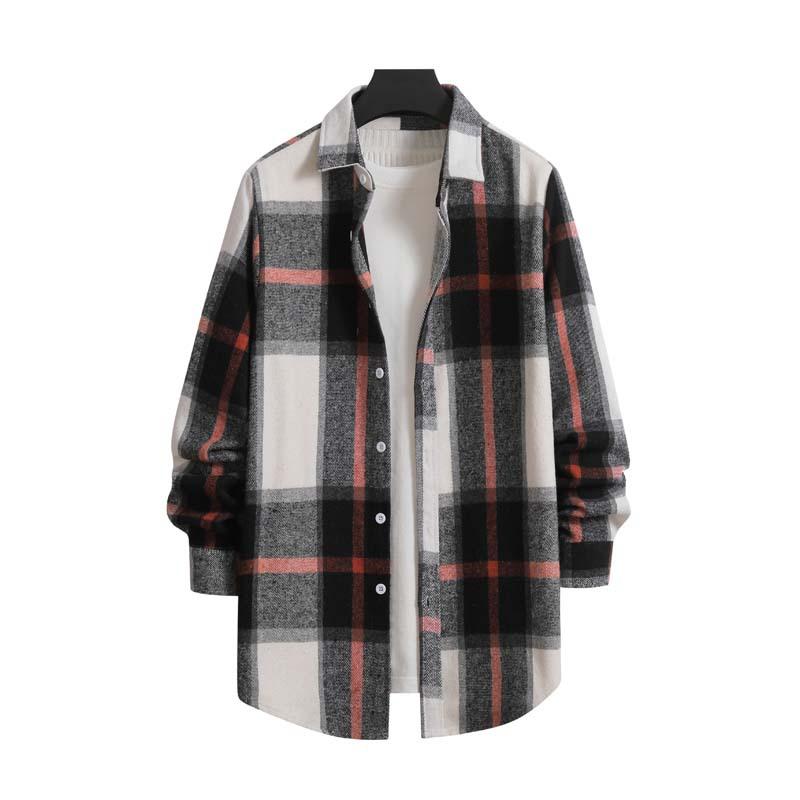 

Весна и осень Мужская верхняя одежда больших размеров Повседневная мода Толстая ворсистая рубашка в клетку с длинными рукавами Верхняя одежда S чёрный