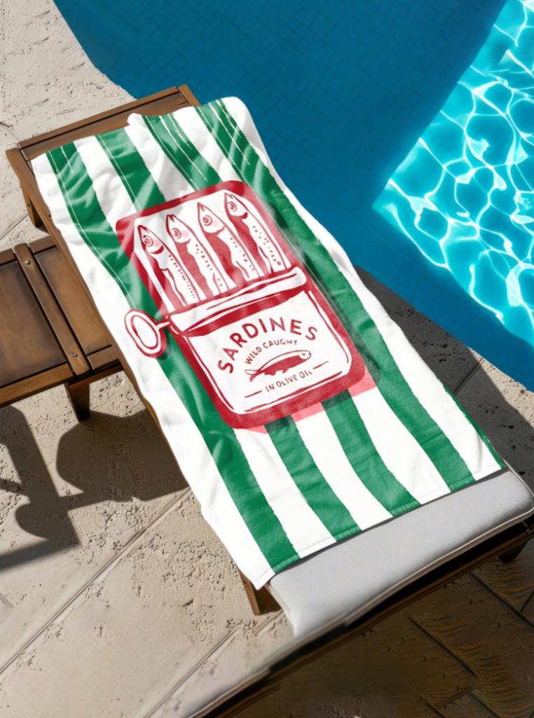 1pc Sardines mermaid fish Design Beach Towel, Coastal Maximalist Print with Pink Stripes, for Pool, Women Men Towel for Beach