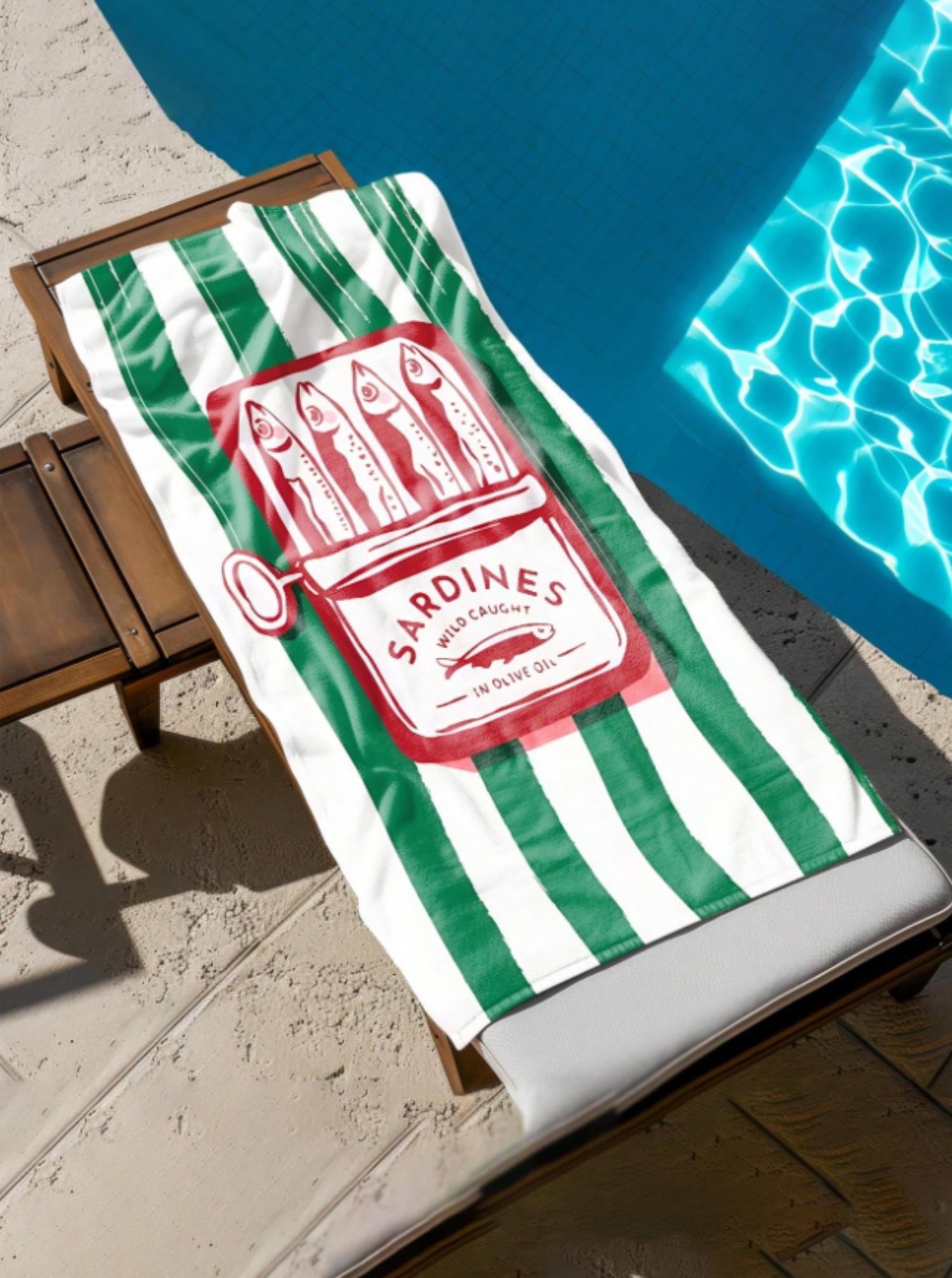 

1pc Sardines mermaid fish Design Beach Towel, Coastal Maximalist Print with Pink Stripes, for Pool, Women Men Towel for Beach W40*H60(CM)