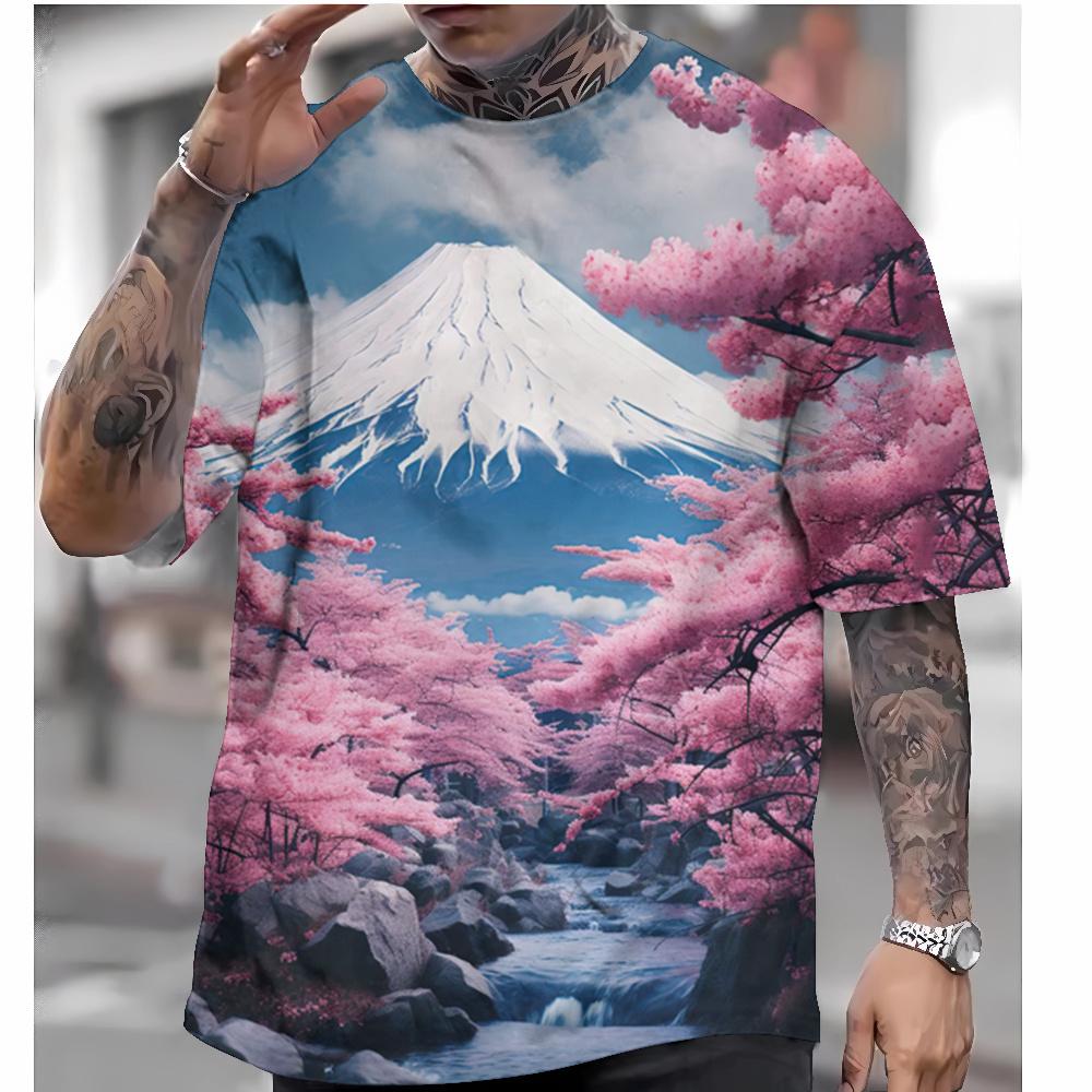Pánské tričko japonského stylu Fujiyama Cherry Blossoms Trička s potiskem Ležérní Volné Tričko s krátkým rukávem Nadměrná velikost Muži Oblečení Top