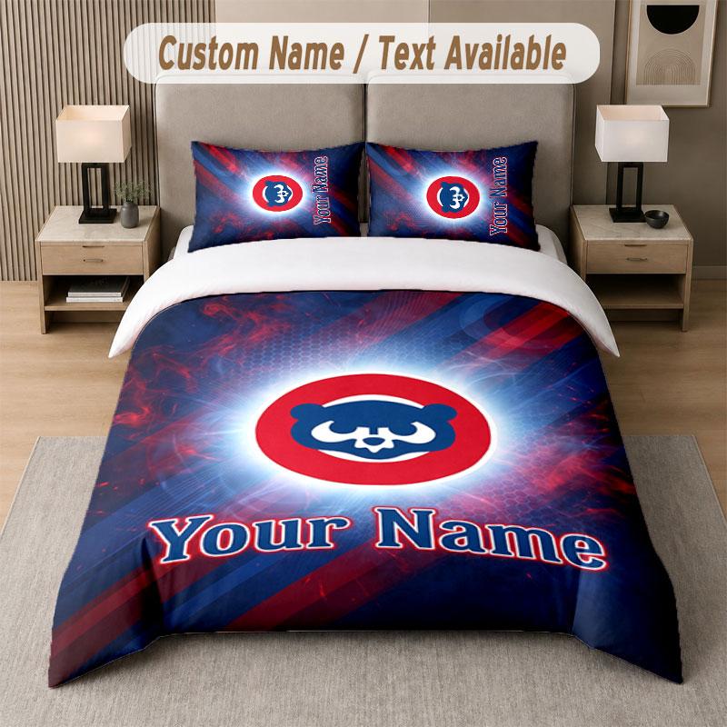 Custom Bedding Set Chicago Cubs Pattern, Print Name Text 1 Duvet Cover plus 2 Pillowcases Home Textile