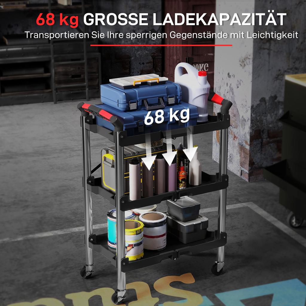 Foldable 3 Tier Tool Trolley Plastic Steel Black