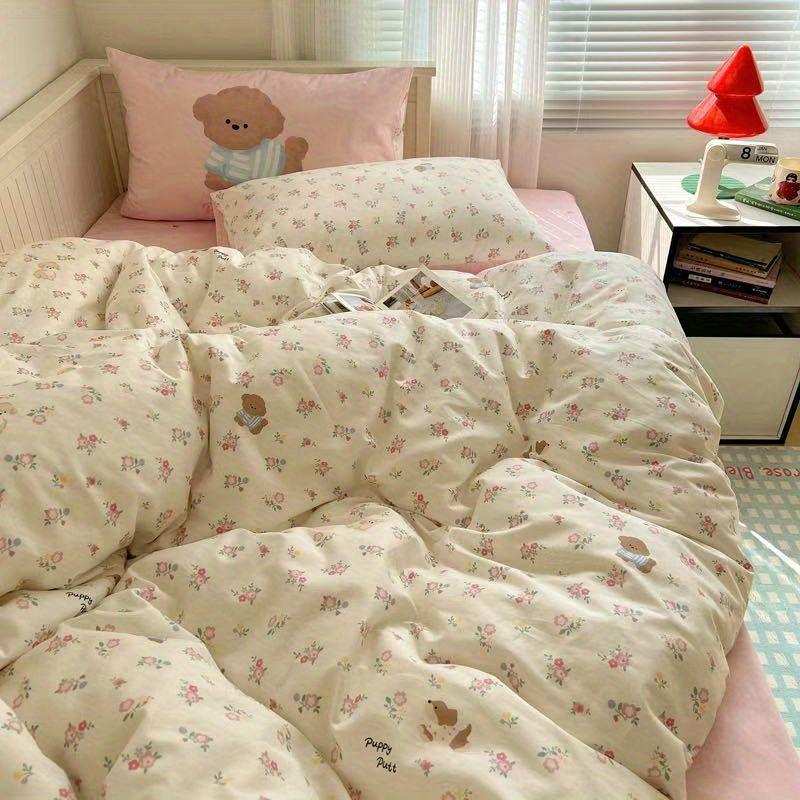 Fashion Floral Duvet Cover Set with Flat Sheet Pillowcase No Filler Girls Twin Full Queen Size Korean Soft Bedding Set