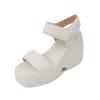Krazing Pot Schaffell Peep Toe Dicke High Heels Plattform Sommerschuhe Hakenschlaufe Lässige wasserdichte Damensandalen