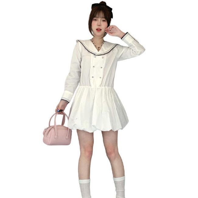 Women's Spring Arrival: Navy Collar White Pleated Dress with Beaded Long Sleeves and Bud Skirt