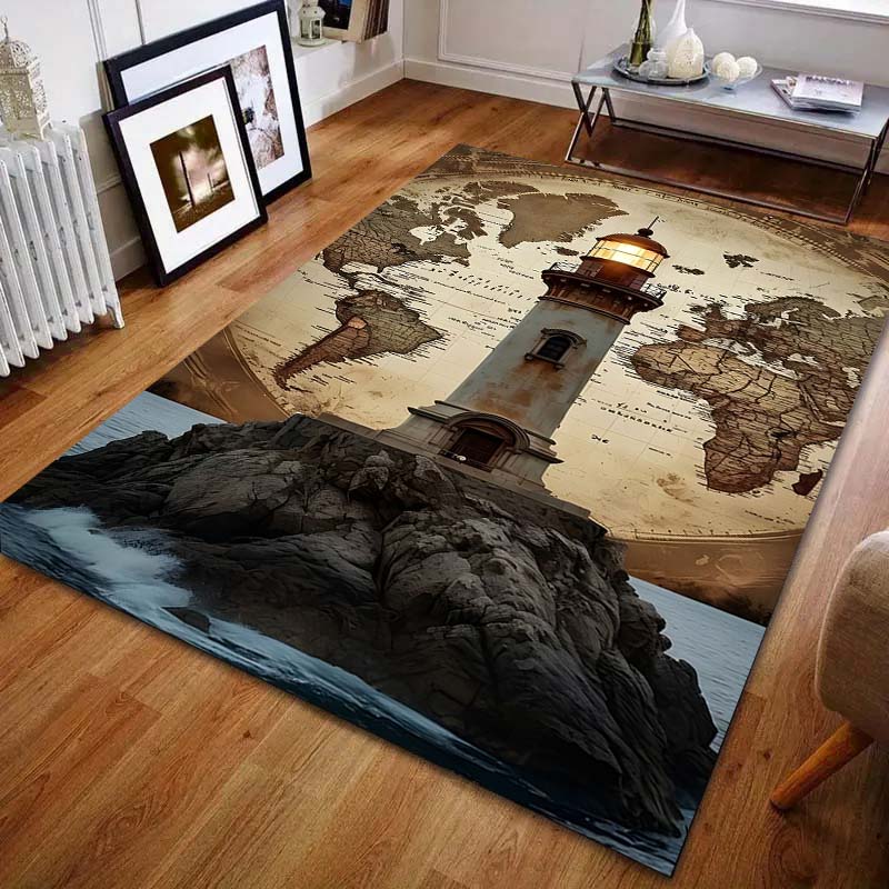 Lighthouse and World Map Pattern Carpet for Bedroom Living Room Bedside Sofa Floor Mat Modern Home Decor Area Rug Large Size