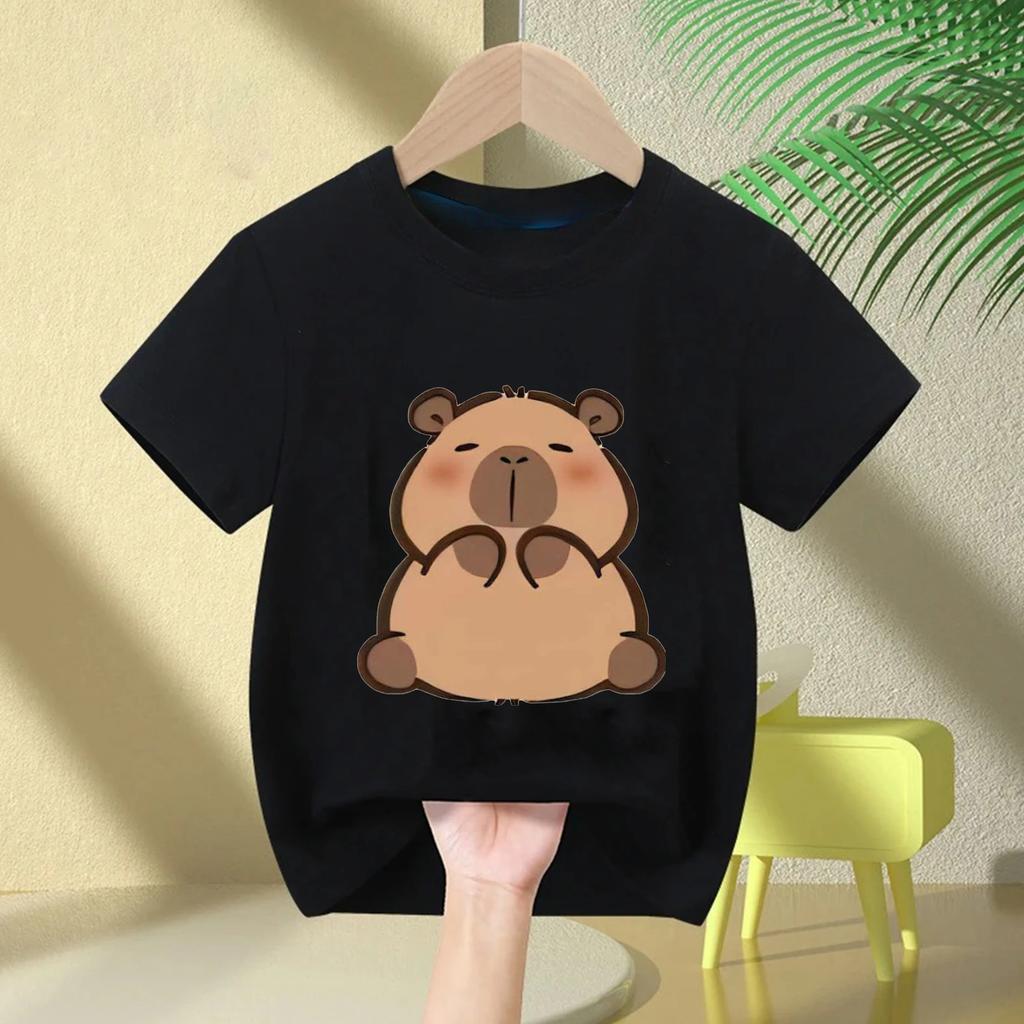Cute Capybara Loves Bubble Tea Print Kids TShirt Summer Childrens Cartoon Shortsleeved Casual Tops Boys and Girls Clothing