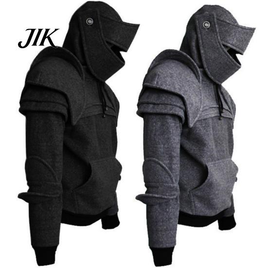 Hoodie Solid Color Front Pocket Pullover Medieval Style Face Cover Hooded Men Sweatshirt Halloween Clothing