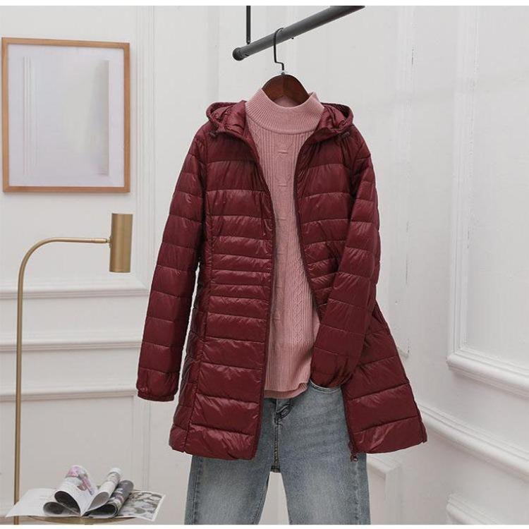 Women Light Down Jacket Hip-Length High Street Overcoat Female Long Warm Down Coat with Portable Storage Bag