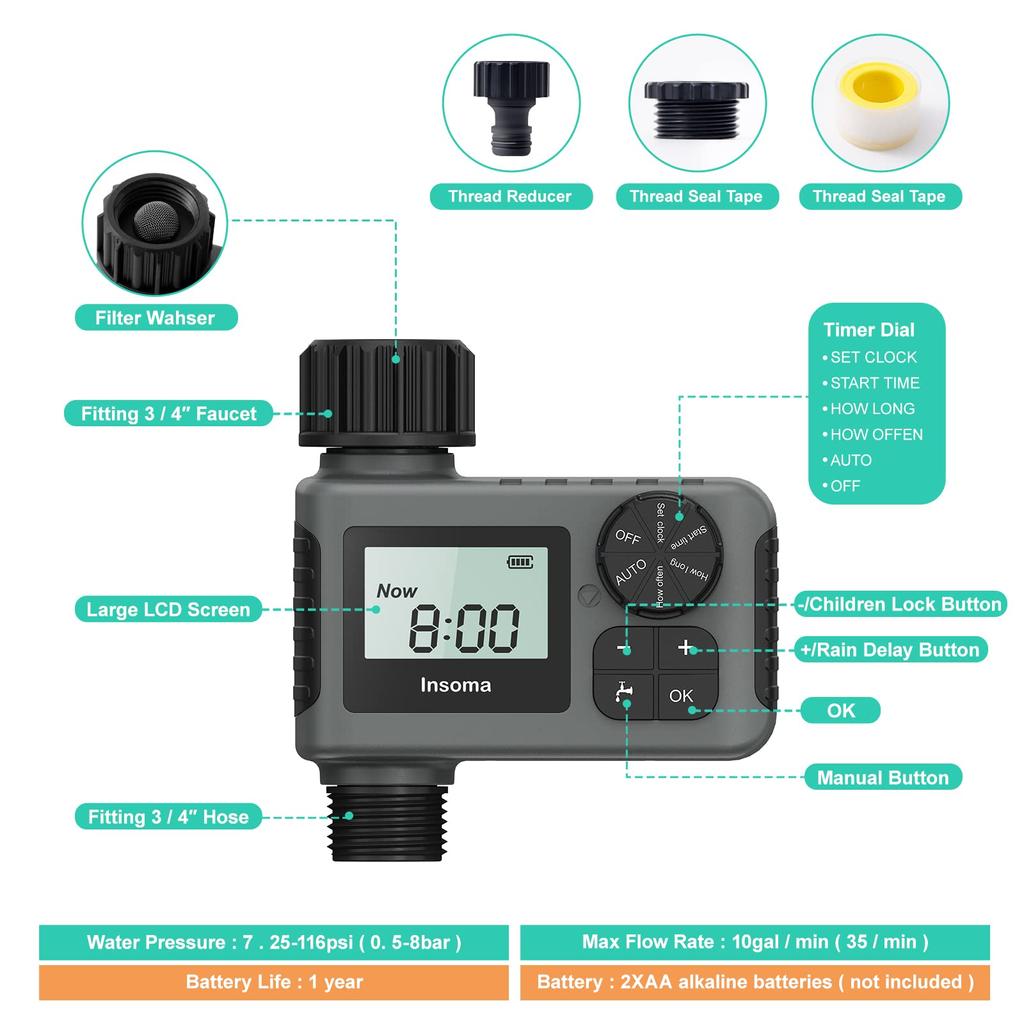 Insoma Automatic Water Timer Intelligent Irrigation Watering System Sprinkler Timer Garden Programmer Equipment IPX7 LCD Display