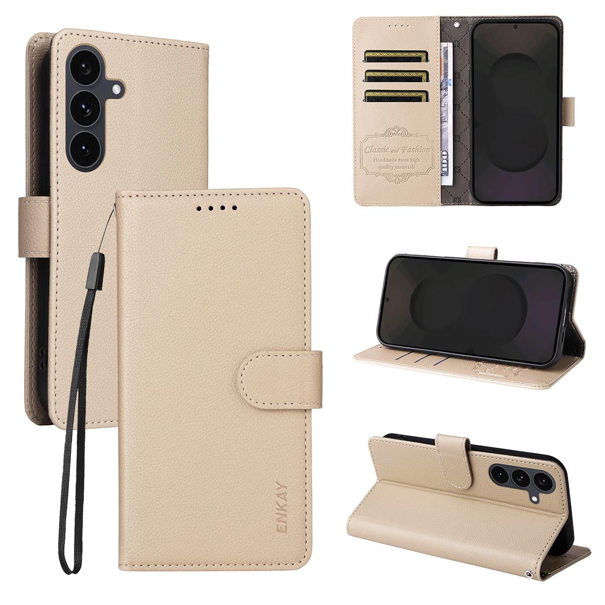 

For Samsung Galaxy S25 FE Wallet Case with Strap RFID Blocking Leather Stand Phone Cover Beige