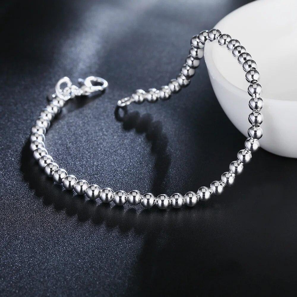 100% Silver Color Fashion 4mm Beads Chain Bracelet 20cm for Teen Girls Lady Gift Women Fine Jewelry