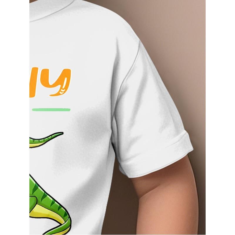 Mărimi europene Tricou de vară cu gât rotund, imprimeu cu dinozaur de desene animate și literă engleză, cu mânecă scurtă, pentru băieți și copii mici