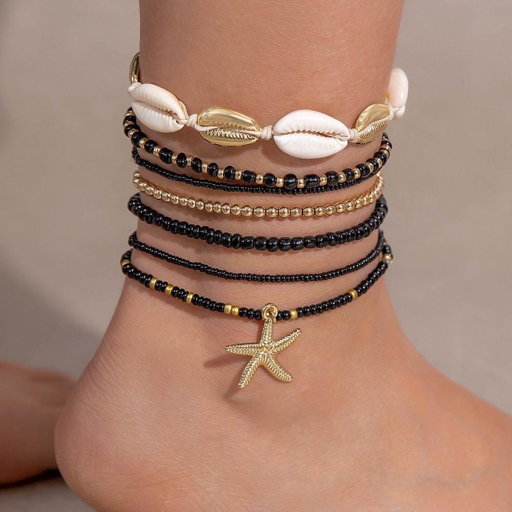 7pcs Charm Holiday Starfish Multi-layer Anklet Stretch Anklet Set Fashion Beach Jewelry