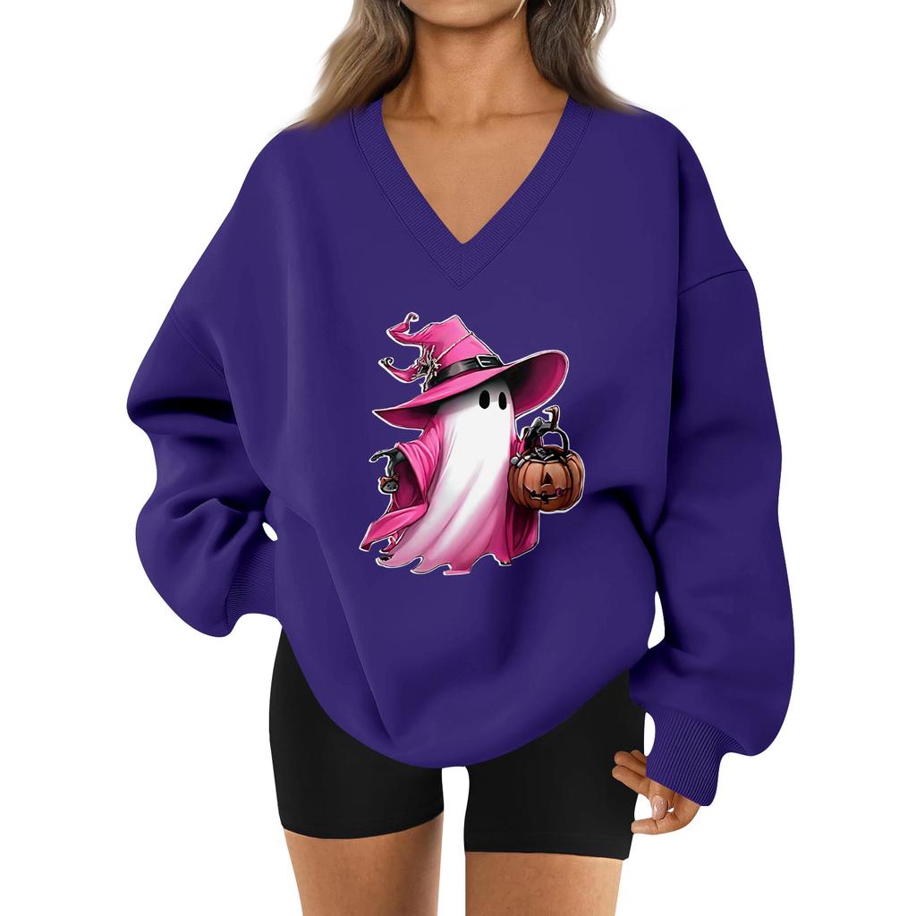 Women's V-neck Dropped Shoulder Halloween Print Sports Sweatshirt Top