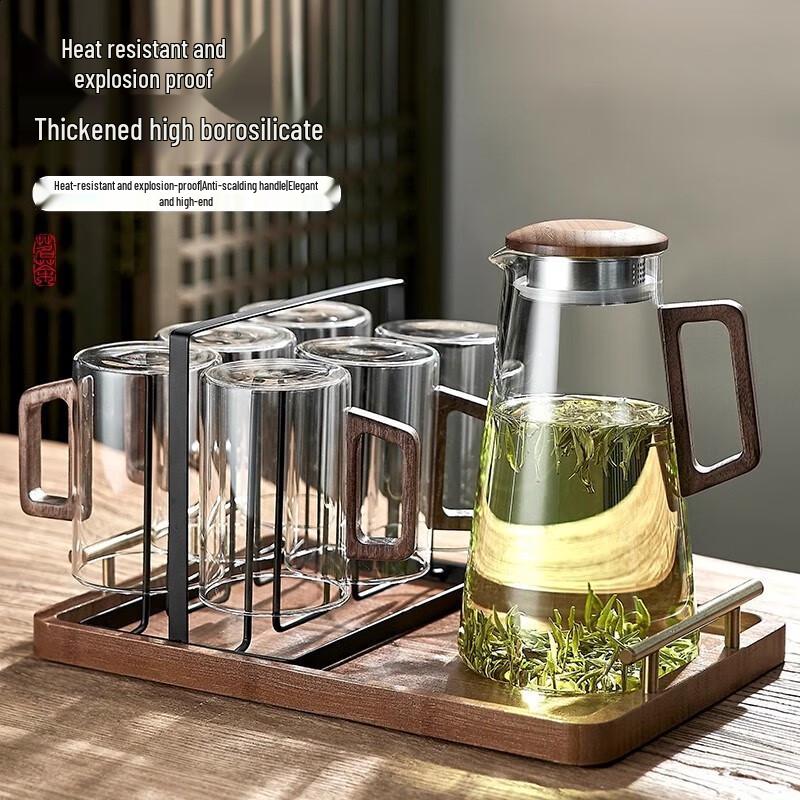 Green Apple 9-Piece High Borosilicate Glass Water Set with Walnut Handles