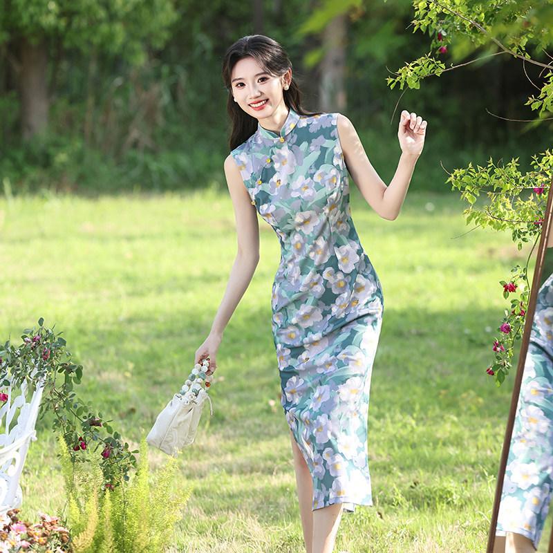Grün ärmellos nationaler Stil neu Chinesisch Suzhou langer Cheongsam verbessert jung 1011 neu Damen hoher Sinn Sommer