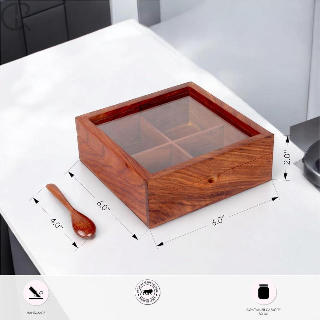 Wooden Spice Box with 4 Partitions & Spoon, Spice Container for Kitchen, Masala Dabba, Namakdani for Kitchen