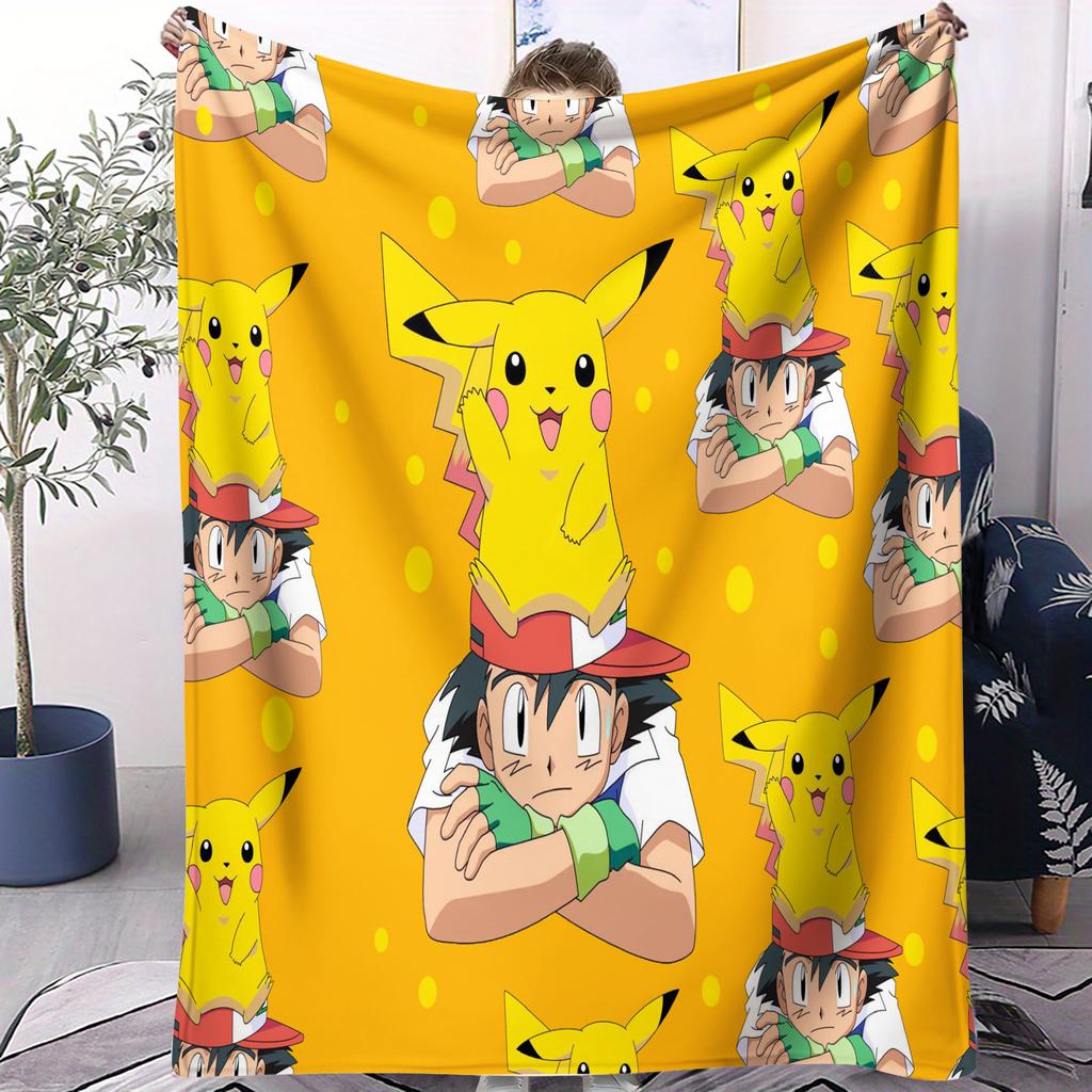 Cute Pokemon Pikachu AllOver Printed Flannel Throw Blanket Gift Winter Warm Blanket for Living Room Sofa Bed Camping Trip