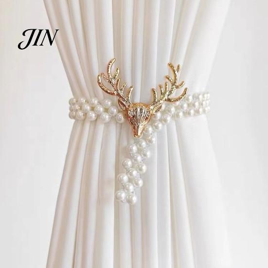 Curtain Tiebacks for Drapes Deer Head Tieback, Faux Pearl Beaded Stretch Holder, Adjustable Holdbacks Holdback Bedroom Living Room Window Door Easy To