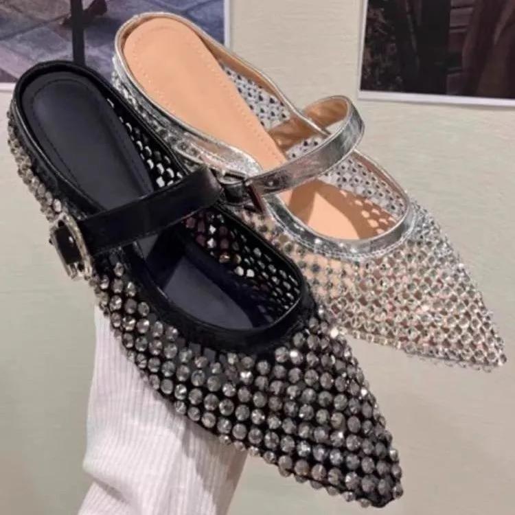 Fashion Women Slippers  New Rhinestone Leisure Slipper Retro Pointed Toe Metal Buckle Fashion Half Slipper Sandalias De Mujer