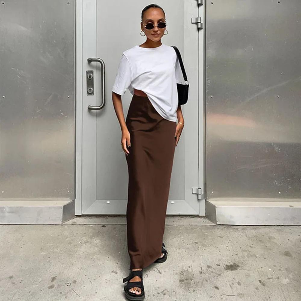Elegant Satin Trumpet Skirts Fashion Slim High Waist Skirts Women Female Solid Office Long Skirt