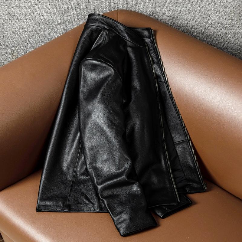 New Autumn Winter Genuine Leather Jacket Men Slim Fit Stand Collar Short Casual Simple Coat