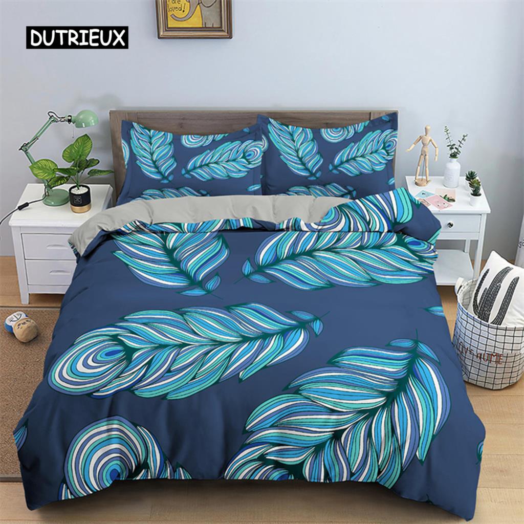 Peacock Feather Duvet Cover Feather Theme Bedding Set Microfiber Floral Quilt Cover Twin King For Teen Boys Girls Bedroom Decor
