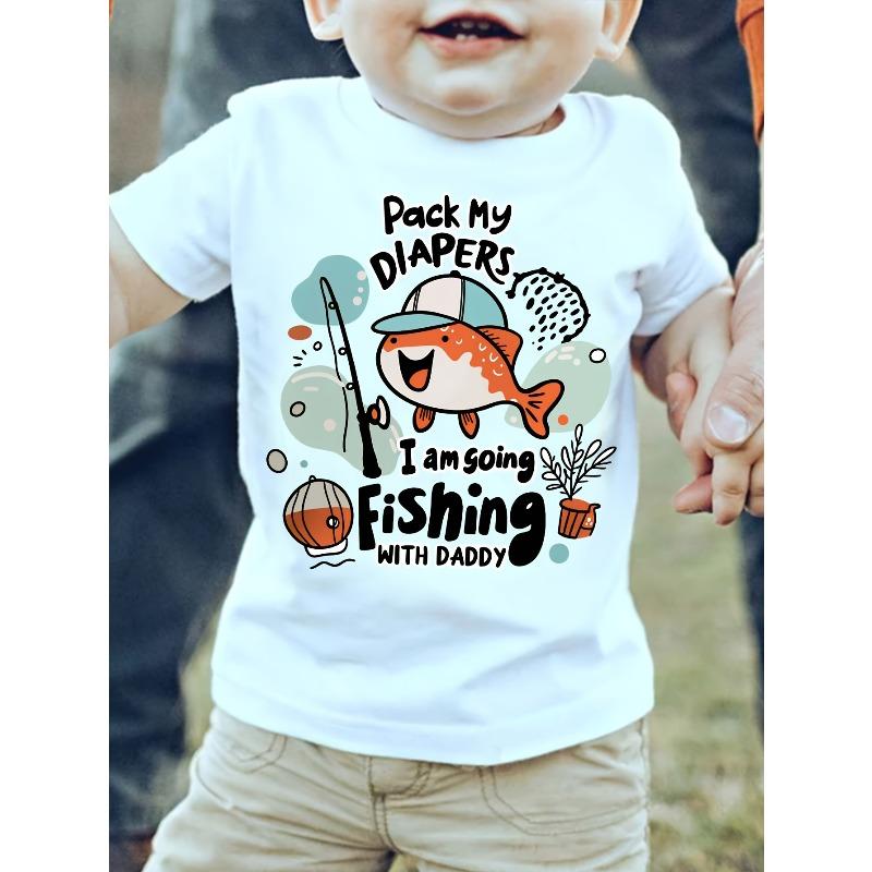 European Sizes WML Boys' Cartoon Fish Fishing Print Pattern Cute Casual T-shirt
