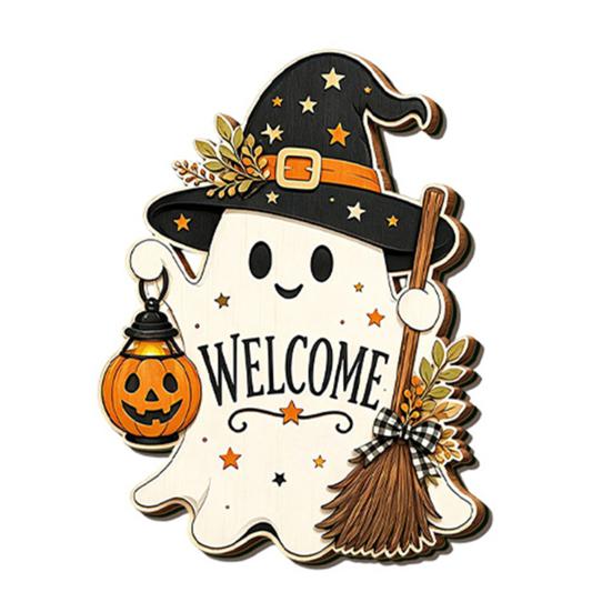 Vintage Style Decor Halloween Wooden Hanging Sign, Rustic Ghost Bat Black Cat Witch Hat Wall Decor, Theme Ornaments Spooky Pendant with Hemp Rope