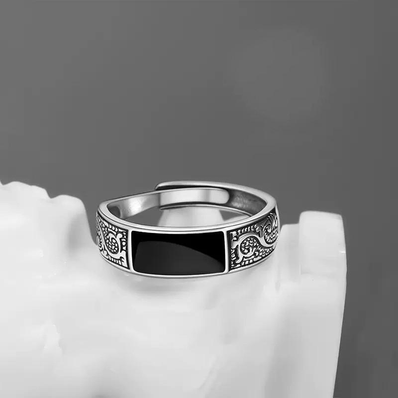Trendy Sterling Silver Ring for Men Jewelry Black Rectangle Retro Dragon Pattern Ring Male Infex Finger Accessories Open ADM