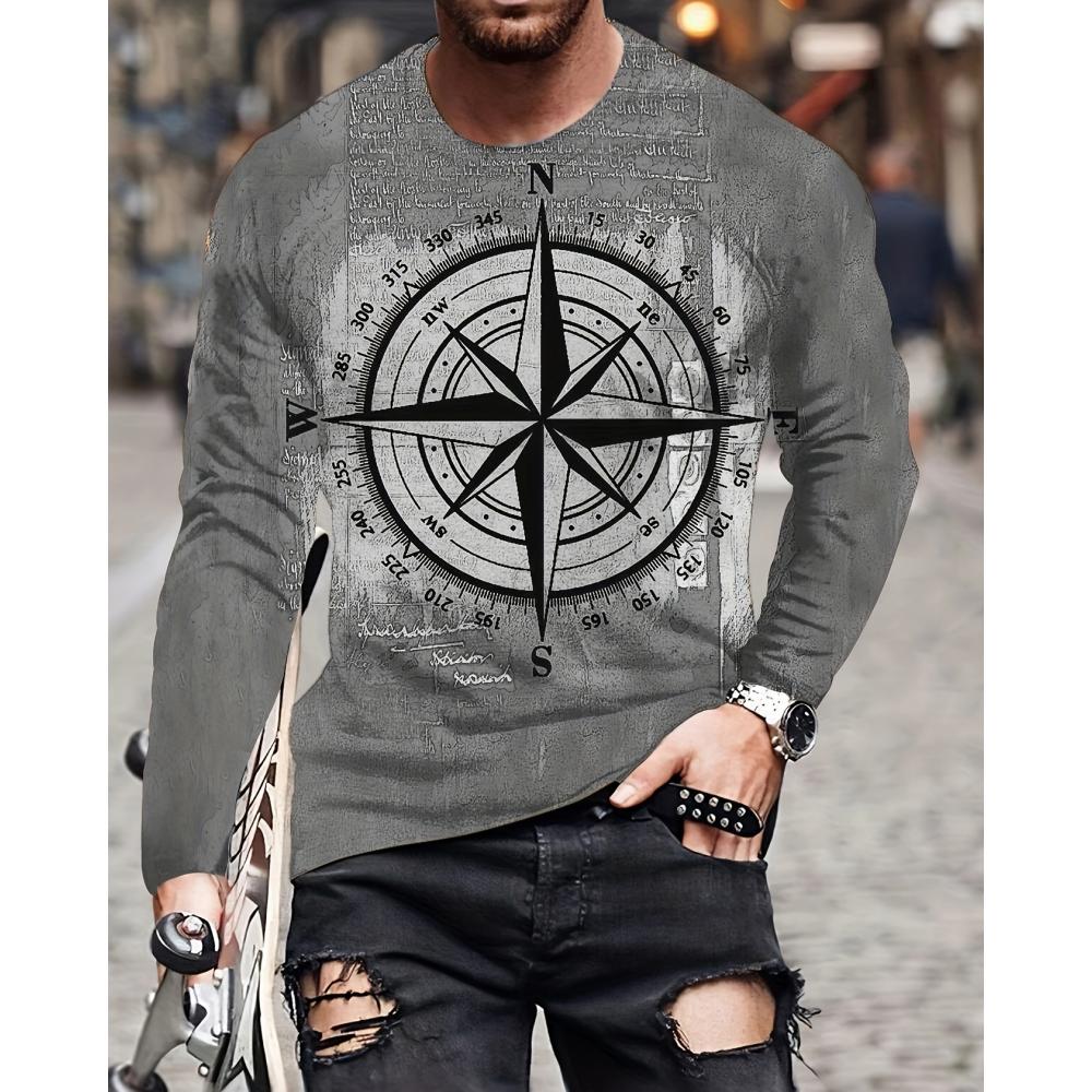 Camiseta de Manga Larga con Estampado 3D de Ancla y Brújula, Top de Primavera y Otoño para Hombre, Retro Street, Oversized, Cuello Redondo