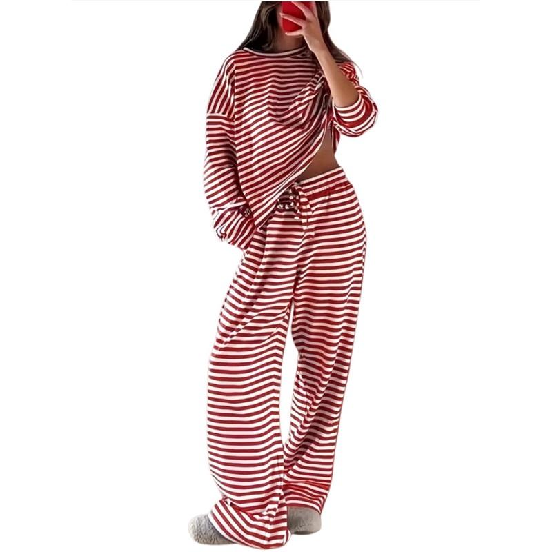 Women's 2Pcs Striped Casual Tracksuit Loose Long Sleeve Top + Wide Leg Pants Set